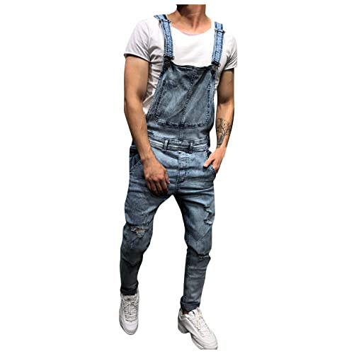 Ansenesna Herren Jeans Latzhose mit Löchern Vintage Overall Hose Männer Ripped Risse Jeanshose Lang Casual Slim Fit Denim Jumpsuit (Blau, L) von Ansenesna