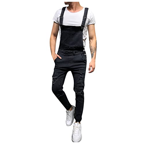 Ansenesna Herren Jeans Latzhose mit Löchern Vintage Overall Hose Männer Ripped Risse Jeanshose Lang Casual Slim Fit Denim Jumpsuit (Schwarz, L) von Ansenesna