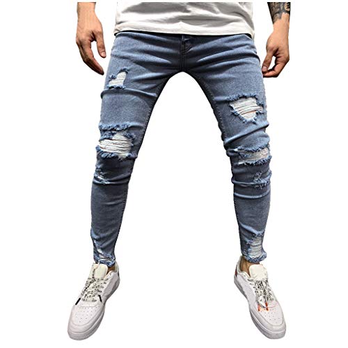 Ansenesna Herren Jeans Mit Löcher Slim Fit Denim Hose Männer Lang Risse Ripped Jeanshose Destroyed Freizeit Hosen (Blau,S) von Ansenesna