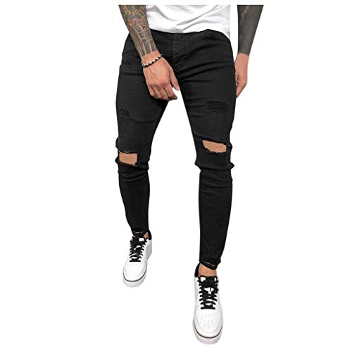 Ansenesna Herren Jeans Mit Löchern Slim Fit Destroyed Hose Denim Männer Zerrissen Risse Ripped Streetwear Jeanshose (Schwarz,L) von Ansenesna