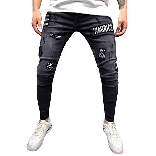 Ansenesna Herren Jeans Slim Fit Löcher Risse Hose Männer Ripped Lang Vintage Denim Hose Destroyed Zerrissen Schwarz Eng Jeanshose (Schwarz,XL) von Ansenesna