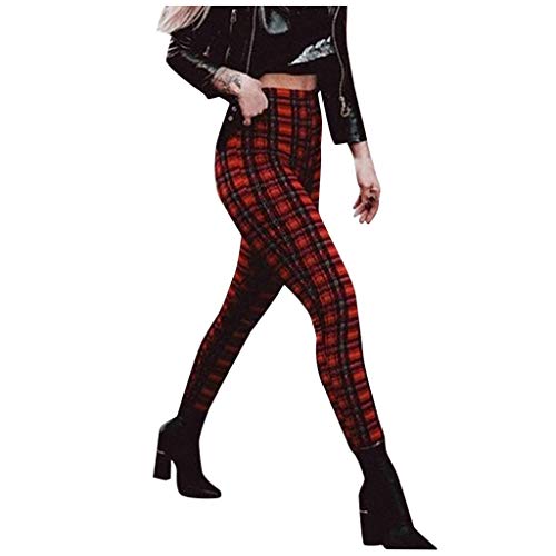 Ansenesna Hose Damen Elegant Kariert, Baumwolle Lang Elegant Gummizug Freizeithosen Mit Gürtel Slim Fit Für Mädchen Frauen (M, Rot) von Ansenesna