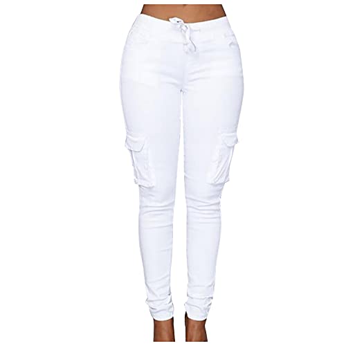 Ansenesna Hose Damen Mit Seitentaschen Stretch Skinny Elegant Jeggings Frauen Gummibund mit Drawstring Waist Eng Hosen Einfarbig (Weiss,M) von Ansenesna