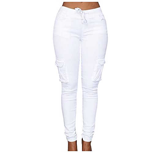 Ansenesna Hose Damen Mit Seitentaschen Stretch Skinny Elegant Jeggings Frauen Gummibund mit Drawstring Waist Eng Hosen Einfarbig (Weiss,XXL) von Ansenesna