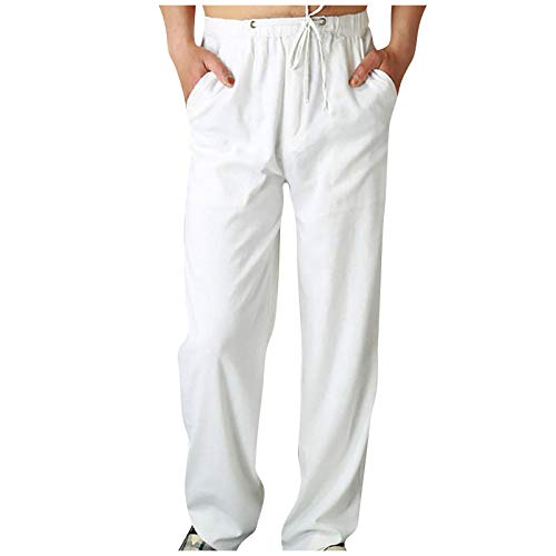 Ansenesna Hose Herren Leinen Gummibund mit Drawstring Hosen Männer Einfarbig Locker Elastischer Bund Freizeithose (Weiss,XXL) von Ansenesna