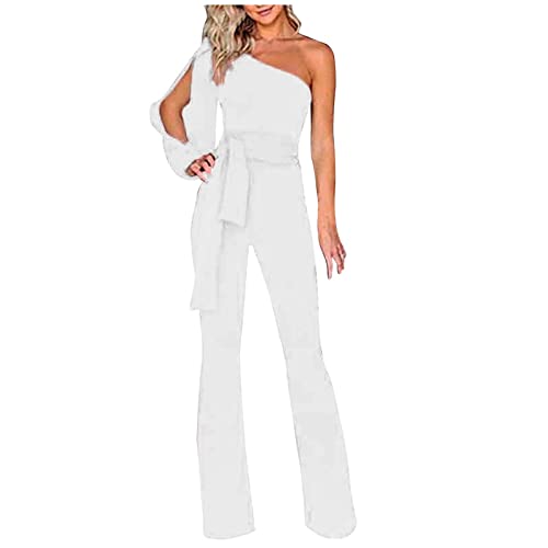 Ansenesna Hosenanzug Damen Festlich Hochzeit Bandeau Schulterfrei Elegant Jumpsuit Frauen Rückenfrei Off Shoulder Overall Weites Bein Playsuit (Weiss,M) von Ansenesna