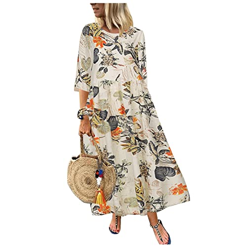 Ansenesna Italienische Kleider Damen Leinenkleider Maxikleider Sommer A Linie Leichte Sommerkleider mit Ärmel Damen Boho-Kleid Blumen Lang Sommerkleid Elegant Kleider Frauen Luftige Kleid von Ansenesna