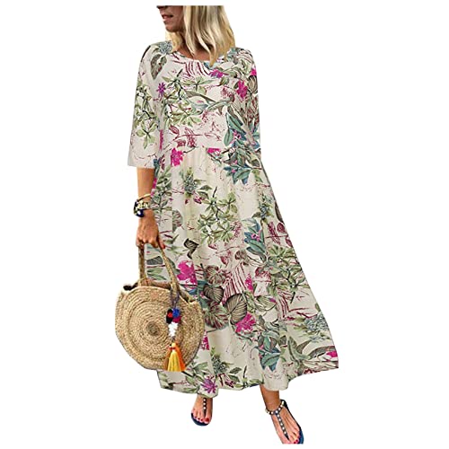 Ansenesna Italienische Kleider Damen Leinenkleider Maxikleider Sommer A Linie Leichte Sommerkleider mit Ärmel Damen Boho-Kleid Blumen Lang Sommerkleid Elegant Kleider Frauen Luftige Kleid von Ansenesna