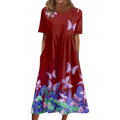 Ansenesna Italienische Kleider Damen Sommer Blumen Sommerkleid Damen Leicht Elegant Tunika Kleid Frauen Vintage Wadenlang Strandkleid Kurzarm Locker Luftige Sommerkleider mit Taschen Damenkleider von Ansenesna