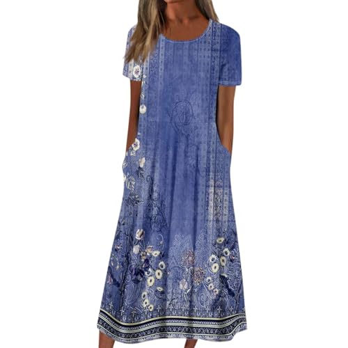 Ansenesna Italienische Kleider Damen Sommer Blumen Sommerkleid Damen Leicht Elegant Tunika Kleid Frauen Vintage Wadenlang Strandkleid Kurzarm Locker Luftige Sommerkleider mit Taschen Damenkleider von Ansenesna