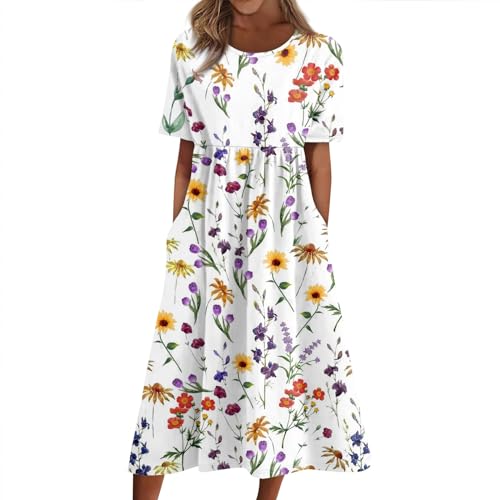 Ansenesna Italienische Kleider Damen Sommer Blumen Sommerkleid Damen Leicht Elegant Tunika Kleid Frauen Vintage Wadenlang Strandkleid Kurzarm Locker Luftige Sommerkleider mit Taschen Damenkleider von Ansenesna