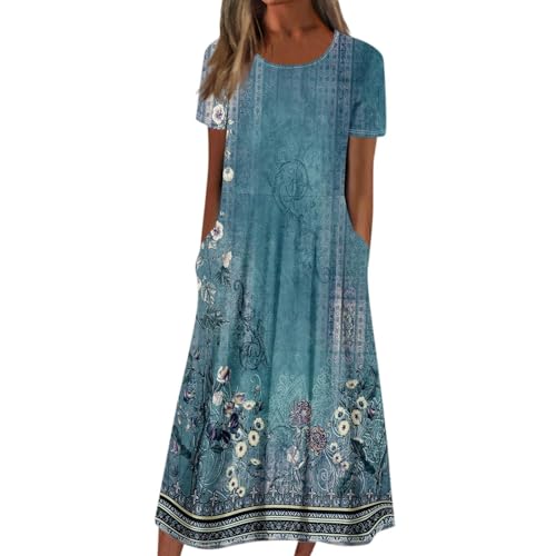 Ansenesna Italienische Kleider Damen Sommer Blumen Sommerkleid Damen Leicht Elegant Tunika Kleid Frauen Vintage Wadenlang Strandkleid Kurzarm Locker Luftige Sommerkleider mit Taschen Damenkleider von Ansenesna