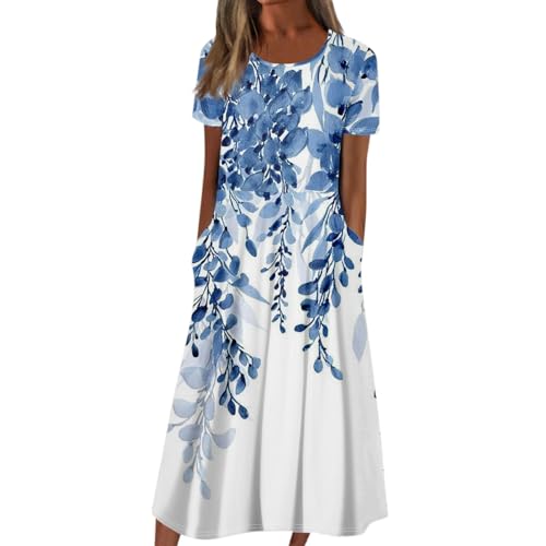 Ansenesna Italienische Kleider Damen Sommer Blumen Sommerkleid Damen Leicht Elegant Tunika Kleid Frauen Vintage Wadenlang Strandkleid Kurzarm Locker Luftige Sommerkleider mit Taschen Damenkleider von Ansenesna