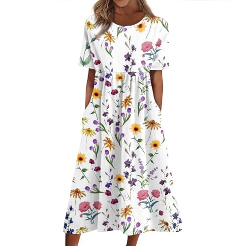 Ansenesna Italienische Kleider Damen Sommer Blumen Sommerkleid Damen Leicht Elegant Tunika Kleid Frauen Vintage Wadenlang Strandkleid Kurzarm Locker Luftige Sommerkleider mit Taschen Damenkleider von Ansenesna