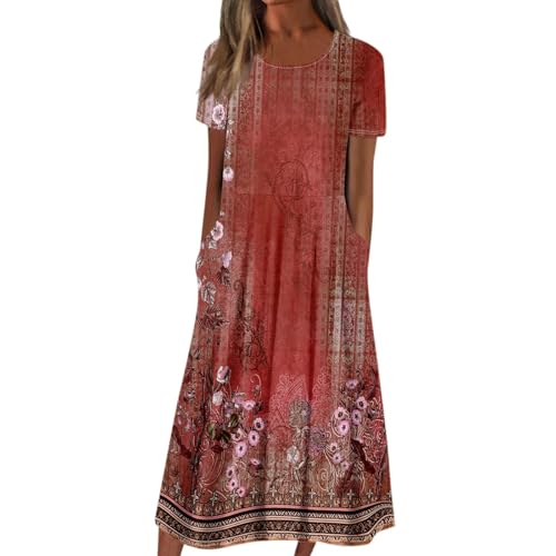 Ansenesna Italienische Kleider Damen Sommer Blumen Sommerkleid Damen Leicht Elegant Tunika Kleid Frauen Vintage Wadenlang Strandkleid Kurzarm Locker Luftige Sommerkleider mit Taschen Damenkleider von Ansenesna