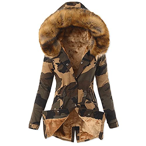 Ansenesna Jacke Damen Parka Fell Gefüttert Kapuze Winter Elegant Winterjacke Frauen Dicke Wolle Innenfell Fellkapuze Camouflage Mantel von Ansenesna