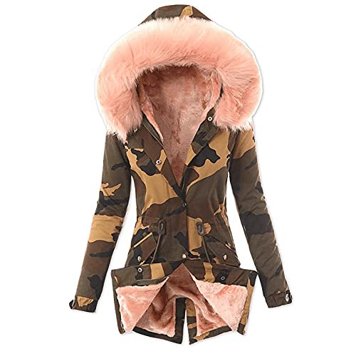 Ansenesna Jacke Damen Parka Fell Gefüttert Kapuze Winter Elegant Winterjacke Frauen Dicke Wolle Innenfell Fellkapuze Camouflage Mantel von Ansenesna