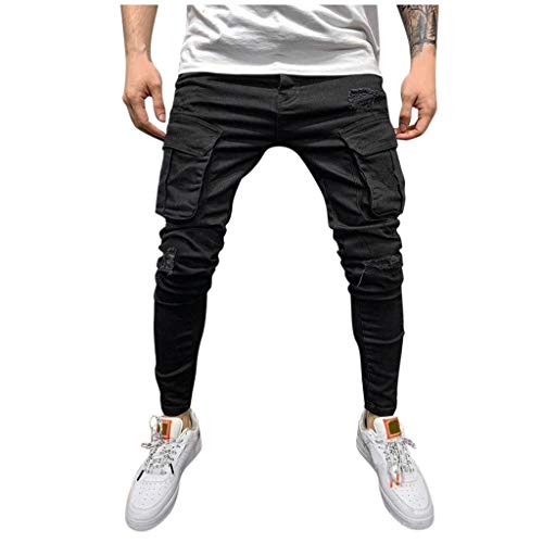 Ansenesna Jeans Herren Mit Löcher Destroyed Slim Fit Hose Männer Risse Ripped Zerrissen Streetwear Jeanshose Mit Seitentaschen (Schwarz,S) von Ansenesna