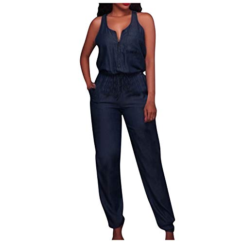 Ansenesna Jeans Jumpsuit Damen Sommer Lang Elegant Overall Frauen Reißverschluss mit Gürtel Kurzarm Hosenanzug (Marineblau,M) von Ansenesna