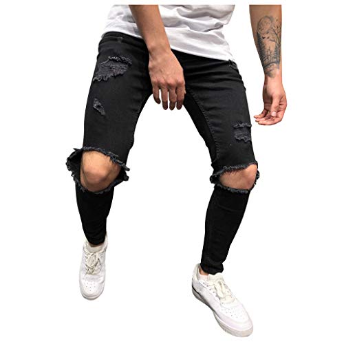 Ansenesna Jeans Mit Löcher Herren Zerrissen Slim Fit Jeanshose Männer Risse Ripped Destroyed Lang Denim Hose Vintage Freizeithose (Schwarz,L) von Ansenesna