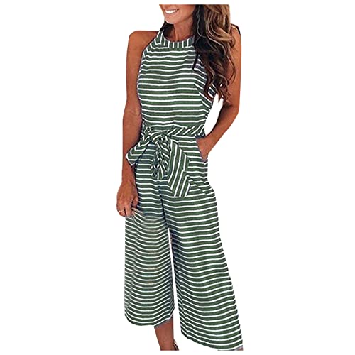 Ansenesna Jumpsuit 3/4 Länge Damen Gestreift Sommer Lang Elegant Weites Bein Playsuit Ärmellos Overall (M, Grün) von Ansenesna