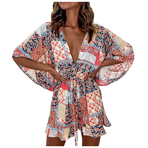 Ansenesna Jumpsuit Damen Blumen Boho Kurz Sommer Elegant Jumpsuits Onesie Frauen V Ausschnitt Rüschen Overall Culottes Kuschelig Dünn Playsuit Kurzarm Baggy Jumpsuits von Ansenesna