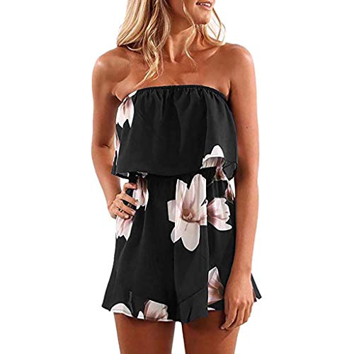 Ansenesna Jumpsuit Damen Boho Blumen Sommer Trägerlos Overall Mädchen Schulterfrei Kurz Elegant Mini Jumpsuit (M, Schwarz) von Ansenesna