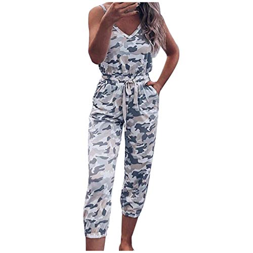 Ansenesna Jumpsuit Damen Camouflage 3/4 Lang Sommer Elegant Hosenanzug V Ausschnitt Overall Frauen Träger Viscose Playsuit (Grau,M) von Ansenesna