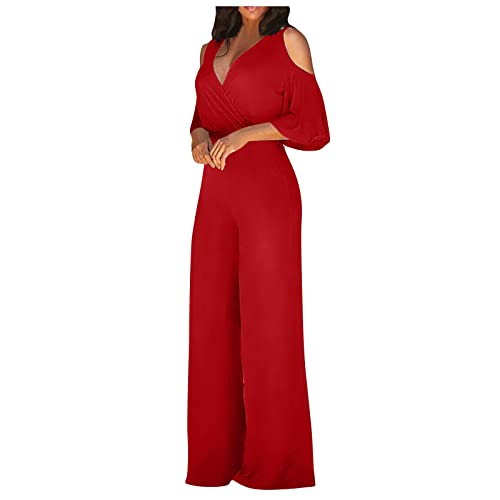 Ansenesna Jumpsuit Damen Festlich Hochzeit Overall Sommer Lang Elegant Weites Bein Jumpsuits Onesie Frauen V Ausschnitt Kurzarm Overalls mit Gürtel Kuschelig Abendmode Playsuit von Ansenesna