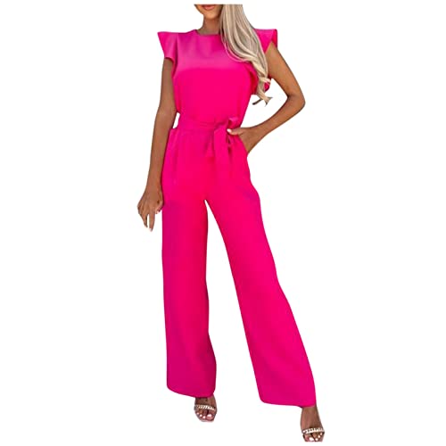 Ansenesna Jumpsuit Damen Hochzeit Festlich Lang Elegant Weites Bein Jumpsuits Onesie Frauen Hochzeitsgast Abendmode Overall mit Gürtel Rüschen Ärmel Hosenanzug Einfarbig von Ansenesna