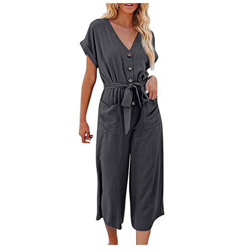 Ansenesna Jumpsuit Damen Sommer 3/4 Lang Overall Knöpfen Damen Elegant Kuschelig Strand Playsuit Damen Einteiler Weites Bein Eleganter Jumpsuits Frauen V Ausschnitt Einfarbig Onesie mit Gürtel von Ansenesna
