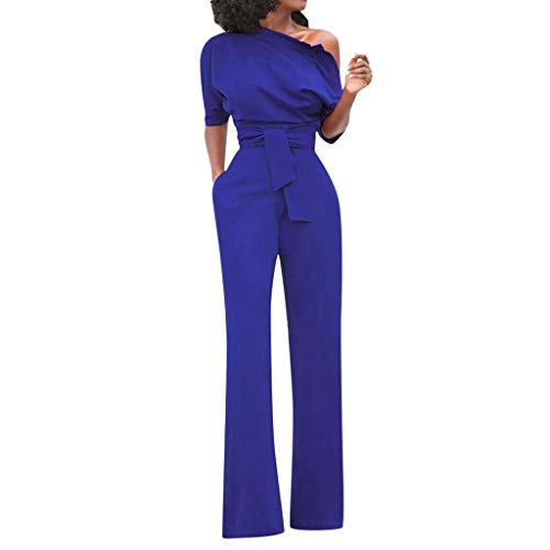 Ansenesna Jumpsuit Damen Sommer Lang Elegant Weites Bein Hosenanzug Schulterfrei Overall Frauen mit Gürtel Festlich Party Playsuit (Blau,XXL) von Ansenesna