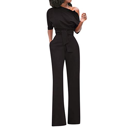 Ansenesna Jumpsuit Damen Sommer Lang Elegant Weites Bein Hosenanzug Schulterfrei Overall Frauen mit Gürtel Festlich Party Playsuit (Schwarz,S) von Ansenesna