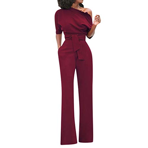 Ansenesna Jumpsuit Damen Sommer Lang Elegant Weites Bein Hosenanzug Schulterfrei Overall Frauen mit Gürtel Festlich Party Playsuit (Weinrot,S) von Ansenesna