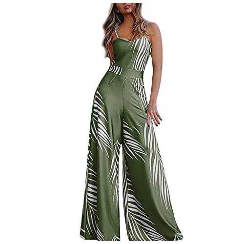 Ansenesna Jumpsuit Damen Sommer Lang Elegant Weites Bein Overall Frauen Träger Rückenfrei Playsuit Blumen Punkte Hosenanzug (A Grün,M) von Ansenesna