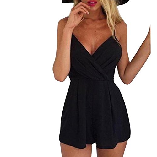 Ansenesna Jumpsuit Damen Sommer Weiß Kurz Rückenfrei Elegant Einfarbig Playsuit Mit Gürtel Viskose Erwachsene Trägerlos Party Strand Overall (L, Schwarz) von Ansenesna