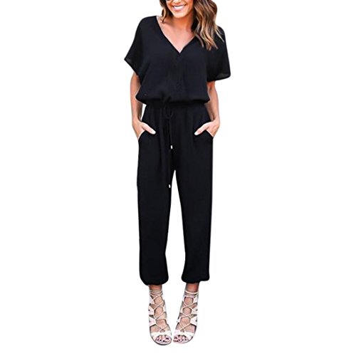 Ansenesna Jumpsuit Elegant Lang Damen Sommer Chiffon Overall Kurz Ärmeln V Ausschnitt Frauen (M, Schwarz) von Ansenesna