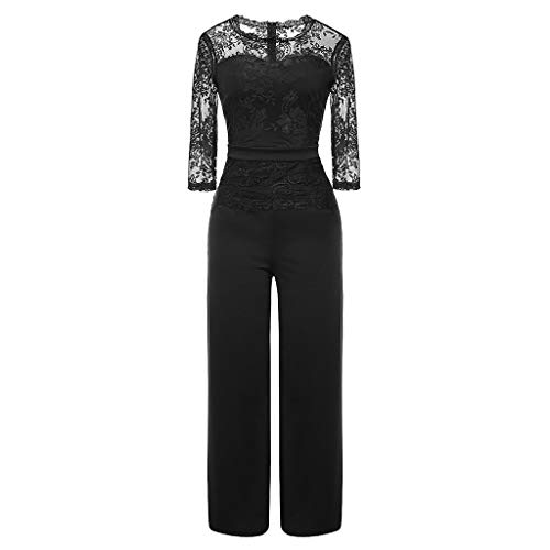 Ansenesna Jumpsuit Festlich Hochzeit Damen Lang Weites Bein Elegant Overall Frauen Spitze Ärmel Hosenanzug (Schwarz, M) von Ansenesna