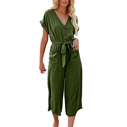 Ansenesna Jumpsuit Leinen Damen 3/4 Lang Jumpsuit Weites Bein Sommer Elegant Jumpsuits Onesie Frauen V Ausschnitt Knöpfen Overall mit Gürtel Kuschelig Dünn Casual Playsuit von Ansenesna