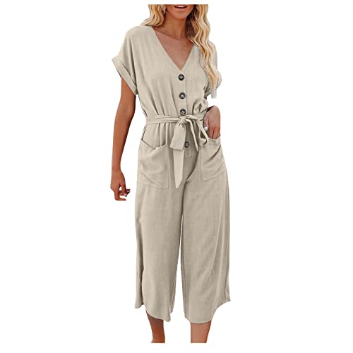 Ansenesna Jumpsuit Leinen Damen 3/4 Lang Jumpsuit Weites Bein Sommer Elegant Jumpsuits Onesie Frauen V Ausschnitt Knöpfen Overall mit Gürtel Kuschelig Dünn Casual Playsuit von Ansenesna