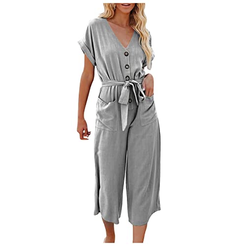 Ansenesna Jumpsuit Leinen Damen 3/4 Lang Jumpsuit Weites Bein Sommer Elegant Jumpsuits Onesie Frauen V Ausschnitt Knöpfen Overall mit Gürtel Kuschelig Dünn Casual Playsuit von Ansenesna