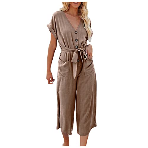 Ansenesna Jumpsuit Leinen Damen 3/4 Lang Jumpsuit Weites Bein Sommer Elegant Jumpsuits Onesie Frauen V Ausschnitt Knöpfen Overall mit Gürtel Kuschelig Dünn Casual Playsuit von Ansenesna