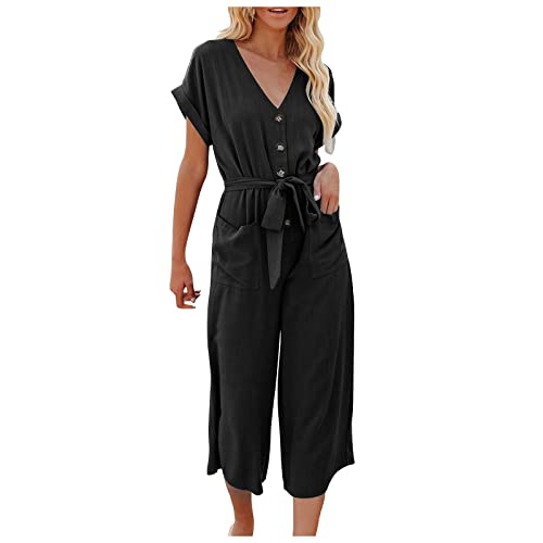 Ansenesna Jumpsuit Leinen Damen 3/4 Lang Jumpsuit Weites Bein Sommer Elegant Jumpsuits Onesie Frauen V Ausschnitt Knöpfen Overall mit Gürtel Kuschelig Dünn Casual Playsuit von Ansenesna