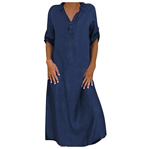 Ansenesna Kaftan Damen Jeanskleid V Ausschnitt Maxikleider Sommer Damen Maxikleid mit Ärmel Leichte Sommerkleider Frauen Lang Kleid Mit Schlitz Sommerkleid Frauen Kurzarm Luftige Damenkleider von Ansenesna