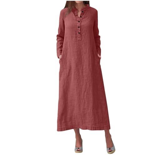 Ansenesna Kaftan Kleider Damen Langarm Kleid Lang Elegant V Ausschnitt Maxikleider mit ärmeln Frauen mit Knopfleiste Leichte Damenkleider Einfarbig von Ansenesna