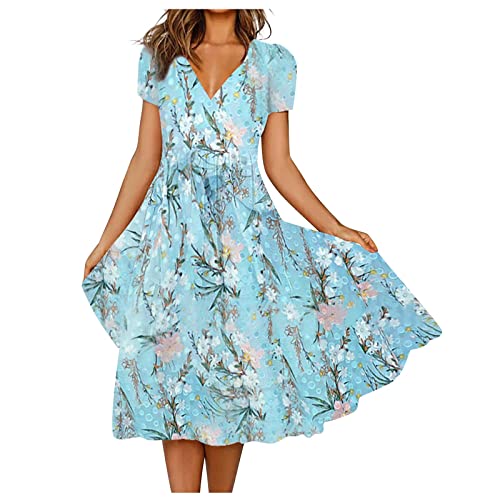 Ansenesna Kleid Blumen Damen Sommer Kleid A Linie Elegant Sommerkleid Midi Frauen V Ausschnitt Wadenlang Sommerkleider Kurzarm Kleider Leicht von Ansenesna