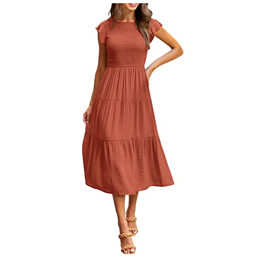 Ansenesna Kleid Boho Damen Ärmel Rüschen Kleid Sommer Elegant Sommerkleid Frauen Wadenlang Sommerkleider Viskose Kurzarm Kleider Leicht Strandkleid von Ansenesna