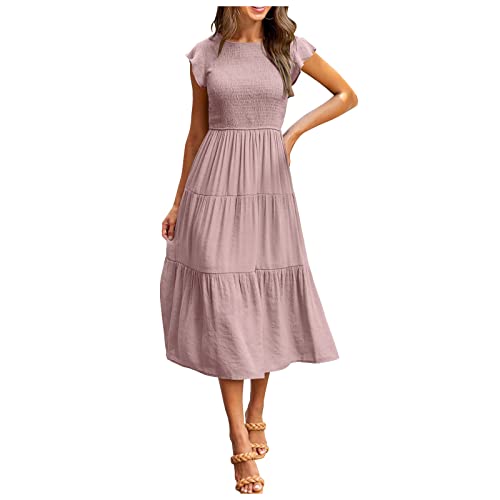 Ansenesna Kleid Boho Damen Ärmel Rüschen Kleid Sommer Elegant Sommerkleid Frauen Wadenlang Sommerkleider Viskose Kurzarm Kleider Leicht Strandkleid von Ansenesna