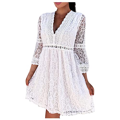 Ansenesna Kleid Damen Boho Sommer Kurz Locker Mini Sommerkleider Spitze Strandkleid Mit 3/4 Ärmeln Weiß (L, Weiss 4) von Ansenesna