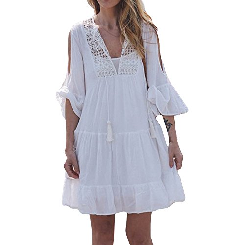 Ansenesna Kleid Damen Boho Sommer Kurz Locker Mini Sommerkleider Spitze Strandkleid Mit 3/4 Ärmeln Weiß (L, Weiss 5) von Ansenesna